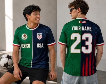 Camiseta personalizada de fútbol de Estados Unidos y México, camiseta de fútbol bicolor con nombre y número personalizados, regalo para aficionados a la rivalidad futbolística, camiseta de fútbol 2026
