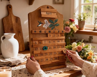 Handcrafted Wooden Perpetual Calendar with Hand-Painted Hummingbird, Rustic Desk Decor, Vintage Style Eternal Calendar, Unique Gift for Her