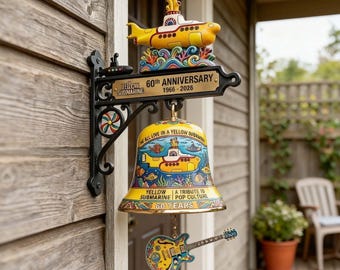 Yellow Submarine 60th Anniversary Vintage Metal Doorbell | Pop Culture Garden Wall Bell | Gift for Music & Rock Fans | Guitar Porch Decor