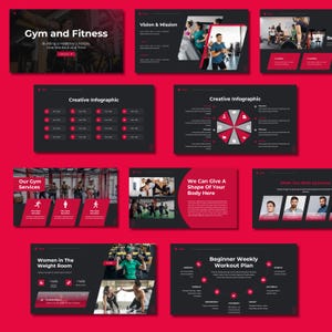 May include: A digital presentation template for a gym and fitness business featuring multiple slides with dark backgrounds, red accents, and white text. The slides include sections for vision, mission, gym services, infographics, and a weekly workout plan.