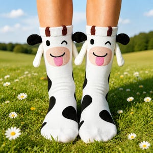 Könnte beinhalten: Ein Paar weiße Socken mit schwarzem Kuhfleckenmuster. Jede Socke hat ein 3D-Kuhgesicht mit braunen Hörnern, schwarzen Ohren, einer rosa Zunge und einem zwinkernden Ausdruck. Die Socken bestehen aus Strickstoff und reichen über den Knöchel.