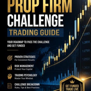 May include: A dark blue and gold informational poster titled THE PROP FIRM CHALLENGE TRADING GUIDE. It features a rising candlestick chart, a list of trading topics, a gold badge stating GET FUNDED TRADE LIVE WITH CAPITAL, and text icons.