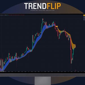 May include: A computer monitor displaying a financial trading chart with the text TRENDFLIP PREMIUM TRADING INDICATOR at the top. The screen shows a candlestick chart with a blue and orange shaded trend indicator overlaying the price action.
