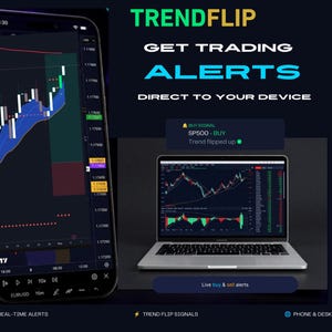 May include: A smartphone and a laptop displaying financial trading charts with the text TRENDFLIP GET TRADING ALERTS DIRECT TO YOUR DEVICE. The screens show candlestick patterns, buy signals, and market data for EURUSD and SP500 on a dark background.