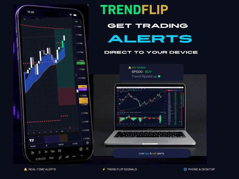 May include: A smartphone and a laptop displaying financial trading charts with the text TRENDFLIP GET TRADING ALERTS DIRECT TO YOUR DEVICE. The screens show candlestick patterns, buy signals, and market data for EURUSD and SP500 on a dark background.