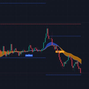 May include: A financial candlestick chart on a dark background displaying price fluctuations with red and green bars. A shaded orange and blue trend indicator overlays the data, featuring text labels that read Sell Signal and Trend Flip Up.