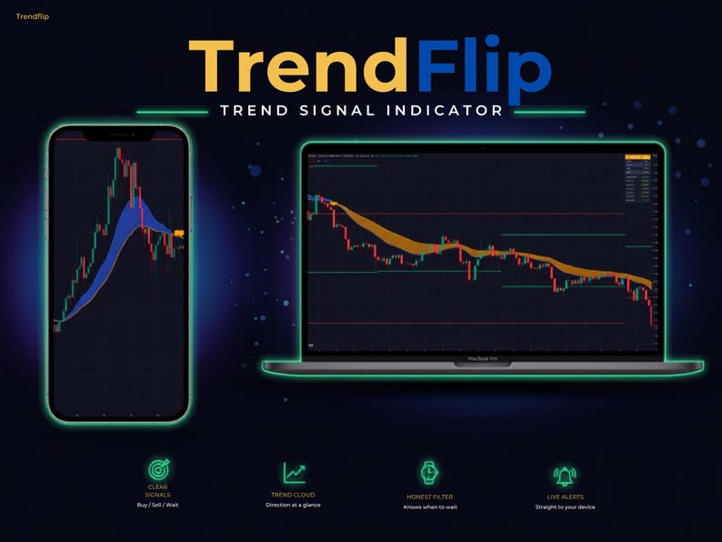 May include: A smartphone and a laptop displaying financial trading charts with the text TrendFlip Trend Signal Indicator. The screens show candlestick patterns with blue and orange trend clouds, accompanied by four green icons labeled Clear Signals, Trend Cloud, Honest Filter, and Live Alerts.
