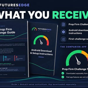 Op de afbeelding: Twee donkerblauwe informatieboekjes getiteld The Prop Firm Challenge Guide en Android Download & Setup Instructions. De tekst bevat details over prop firm evaluaties, installatiestappen en een bijbehorende app-tracker.