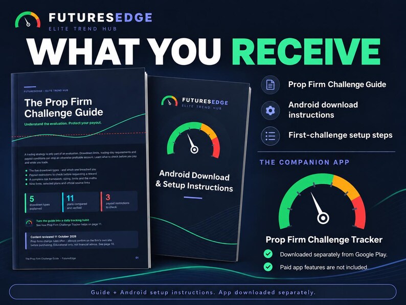 Op de afbeelding: Twee donkerblauwe informatieboekjes getiteld The Prop Firm Challenge Guide en Android Download & Setup Instructions. De tekst bevat details over prop firm evaluaties, installatiestappen en een bijbehorende app-tracker.