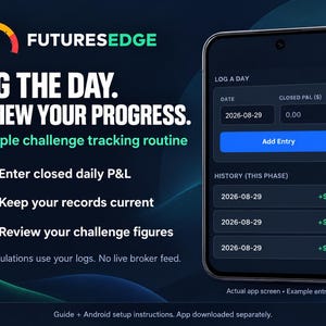 Op de afbeelding: Een digitale interface voor de FuturesEdge-app weergegeven op een smartphone. Het scherm toont een invoerformulier met datum- en P&L-velden, een blauwe Add Entry-knop en een historielijst. De tekst bevat LOG THE DAY, REVIEW YOUR PROGRESS en een stappenplan voor het bijhouden van gegevens.