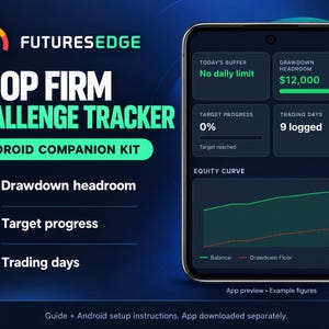Könnte beinhalten: FuturesEdge Prop Firm Challenge Tracker Android Companion Kit mit einem Smartphone-Display, das eine dunkle Benutzeroberfläche mit Today's Buffer, Drawdown Headroom von 12.000 $, 0% Target Progress, 9 Trading Days und Equity Curve zeigt.