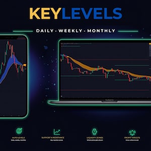 Puede incluir: Un teléfono inteligente y una computadora portátil muestran gráficos de trading financiero con el texto KEYLEVELS DAILY WEEKLY MONTHLY. Debajo hay cuatro iconos verdes etiquetados como AUTO LEVELS, SUPPORT & RESISTANCE, LIQUIDITY ZONES y PROFIT TARGETS.
