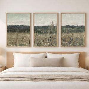 Meadow Field Large Framed Canvas Wall Art Print, Triptych Set of 3 Three, Living Room,  Bedroom, Large Abstract Prints, Vintage Floral, Sign