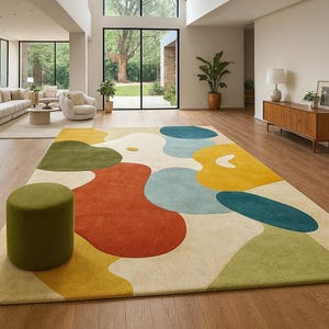 Abstract Hand Tufted Wool Area Rug, Modern Colorful Organic Shape Rug, Contemporary Living Room Carpet, Handmade Wool Rug