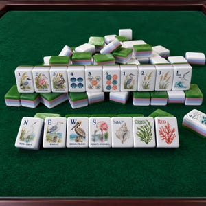 May include: A set of mahjong tiles featuring coastal and nature-themed illustrations. The tiles display birds, shells, plants, and numbers, with some tiles labeled with text including NEWS, SOAP, GREEN, and RED, set against a green felt surface.