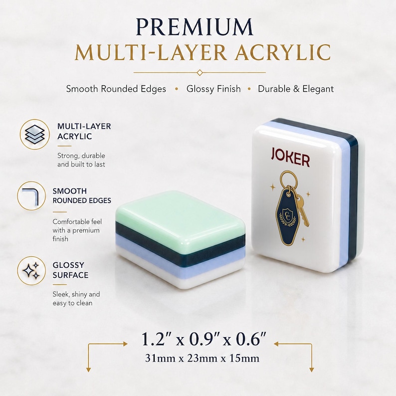 May include: Two rectangular multi-layer acrylic tiles with smooth rounded edges and a glossy finish. One tile is stacked with mint green, dark blue, light blue, and white layers. The other tile features the text JOKER and a gold key graphic.