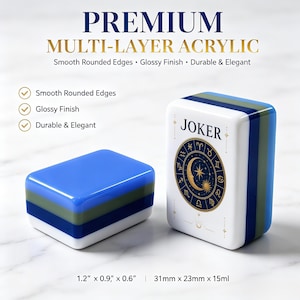 May include: Two rectangular multi-layer acrylic tiles with smooth rounded edges and a glossy finish. One tile is upright, featuring the text JOKER and a gold zodiac wheel graphic. Dimensions are 1.2 inches by 0.9 inches by 0.6 inches.