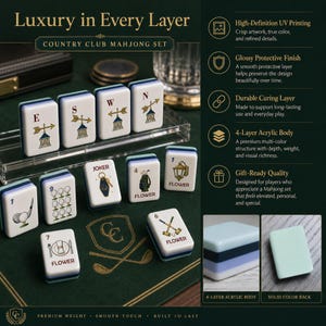 May include: A Country Club Mahjong set featuring white acrylic tiles with multi-colored layers. The tiles display various golf-themed illustrations, including weather vanes, golf clubs, and dining settings, with text labels like E, S, W, N, Joker, and Flower.