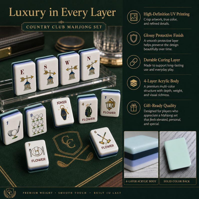 May include: A Country Club Mahjong set featuring white acrylic tiles with multi-colored layers. The tiles display various golf-themed illustrations, including weather vanes, golf clubs, and dining settings, with text labels like E, S, W, N, Joker, and Flower.