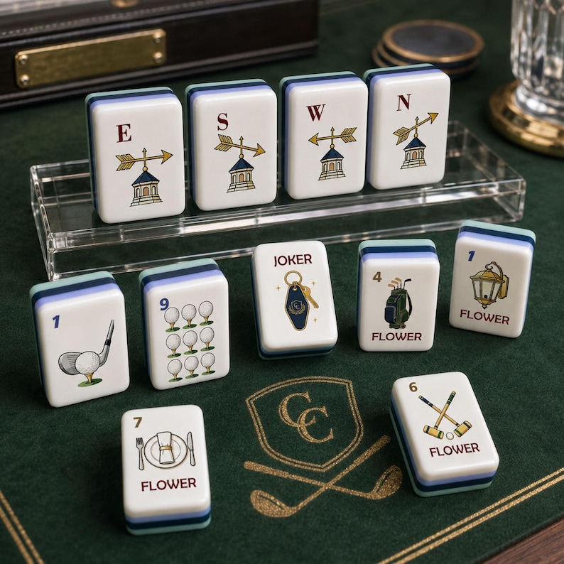 May include: A set of white Mahjong tiles with blue and green layered bases. The tiles feature illustrations of golf equipment, weather vanes, and flowers, with text including E, S, W, N, JOKER, and FLOWER. Some tiles are displayed on a clear acrylic stand.