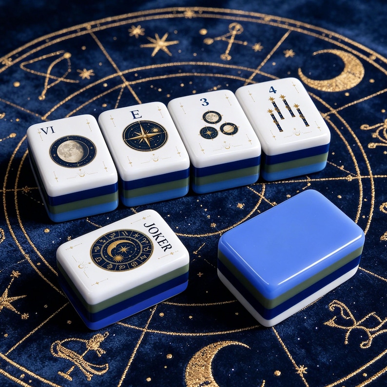 May include: A set of rectangular mahjong tiles featuring celestial designs, including a moon, a compass, the number 3, the number 4, and a Joker card. Each tile has a white top surface with blue, green, and dark blue layered sides.