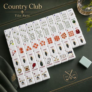 May include: A set of white mahjong tiles featuring golf-themed illustrations, including golf clubs, balls, bags, gloves, and lanterns. Each tile displays a number or label such as Joker, Flower, Soap, Green, or Red, with directional wind symbols.