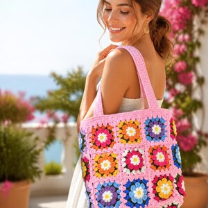Handgjord virkad rosa pastellfärgad Poppin-blommig fyrkantig mormors tygväska, Cottagecore Flower Boho axelväska
