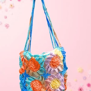 Handgjord virkad mix blå-orange premium solrosbroderi blommig axelväska med strandmotiv, Cottagecore Boho blommig handväska