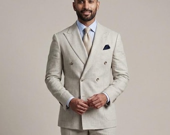 Terno de linho bege areia com abotoamento duplo para homem | Terno de casamento clássico | Roupa de noivo em linho bege areia | Roupa masculina sob medida