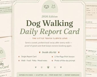 Hund zu Fuß täglich Rapport Karte | Form zum Ausdrucken für Gassi, Verhalten, Essen & Töpfchen Notizen | Tiersitter-Formen