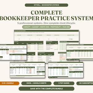 Op de afbeelding: Een digitaal boekhoudsysteempakket met vijf professionele spreadsheets voor Excel en Google Sheets. De lay-out bevat tekstkoppen zoals Complete Bookkeeper Practice System, 5-in-1 Bundle en diverse gegevenstabellen voor klantbeheer, maandafsluitingen en jaarafsluitingen.