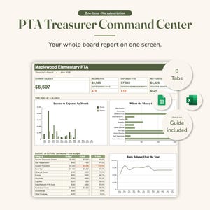 Pode incluir: Um modelo de planilha digital PTA Treasurer Command Center com um painel que inclui gráficos financeiros, tabelas e controle de orçamento. A interface inclui 8 abas, compatibilidade com Google Sheets e Excel, e um guia de usuário incluído.