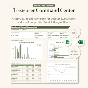 May include: A digital Treasurer Command Center workbook for booster clubs and nonprofits, compatible with Excel and Google Sheets. The interface displays financial reports, bar charts, line graphs, and budget tables for the Westbrook Eagles Booster Club.