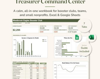 Booster Club Treasurer Spreadsheet, Sports Team Budget Dashboard, Excel & Google Sheets, PTO PTA Nonprofit Treasurer Report Template