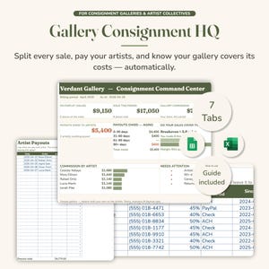Kalkylblad för gallerikonsignationsspårning, konstnärsprovisionsfördelning, utbetalningslogg och instrumentpanel för lagerförsäljning för Excel + Google Sheets