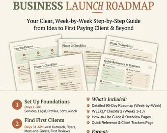 Haustier sitzend Business Plan | Bearbeitbare Canva + Druckbare PDF | 90-Tage-Launch Map für den Start eines Pet Sitter Side Hustle
