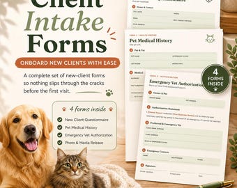 Tiersitter-Klienteneinlassformen | Bearbeitbare Canva + Druckbare PDF | Fragebogen für neue Kunden, Anamnestisch & Foto-Freigabe