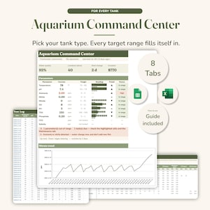 May include: An Aquarium Command Center digital spreadsheet template featuring a dashboard with water quality parameters, a test log, and a nitrate trend line graph. Includes 8 tabs, Google Sheets and Excel compatibility, and a how-to guide.