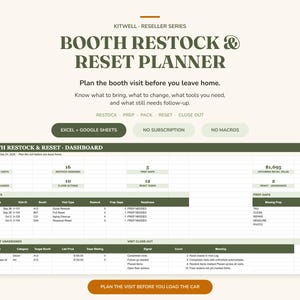 May include: A digital Booth Restock & Reset Planner dashboard for resellers. The interface features sections for upcoming visits, restock assignments, prep gaps, and retail value. It includes buttons for Excel and Google Sheets compatibility.