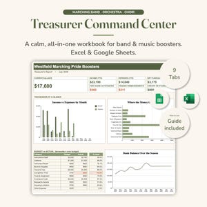 Band Booster Treasurer Spreadsheet, Music Program Budget Dashboard, Student Fee and Fundraising Credit Tracker, Excel & Google Sheets