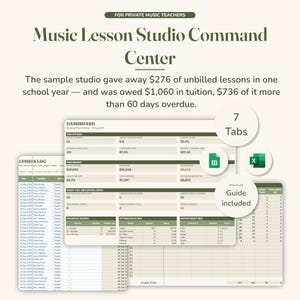 May include: A digital Music Lesson Studio Command Center spreadsheet template for private music teachers. The dashboard displays student data, financial metrics, and lesson logs. It includes 7 tabs, Google Sheets and Excel compatibility, and a guide.