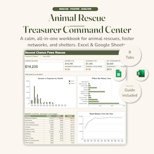 Puede incluir: Un libro de trabajo digital Animal Rescue Treasurer Command Center para Excel y Google Sheets. La interfaz muestra datos financieros de Second Chance Paws Rescue, incluyendo ingresos, gastos, tablas presupuestarias y gráficos.