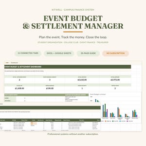 May include: A digital finance management system titled Event Budget & Settlement Manager. The interface displays a dashboard with financial data, an action queue table, and a bar chart comparing budget versus actual event expenses and revenue.