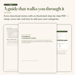 May include: A digital guide titled Guide: A guide that walks you through it, featuring an illustrated step-by-step PDF for the Consignor Command Center. The document includes instructions for setup, tab navigation, and adding categories for Excel and Sheets.