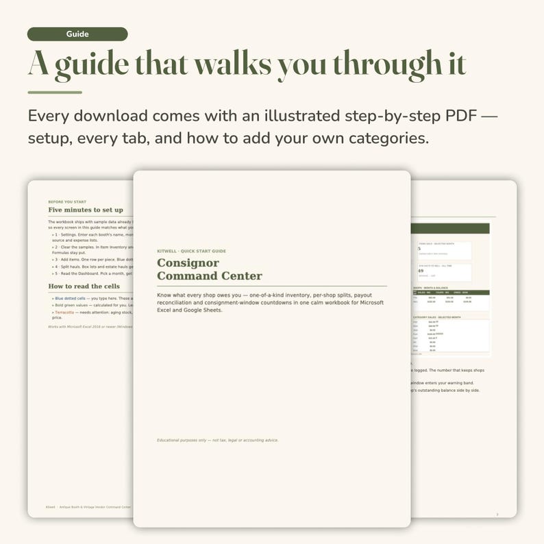 May include: A digital guide titled Guide: A guide that walks you through it, featuring an illustrated step-by-step PDF for the Consignor Command Center. The document includes instructions for setup, tab navigation, and adding categories for Excel and Sheets.