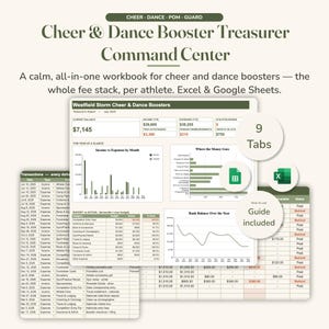 May include: A digital workbook for cheer and dance boosters titled Cheer & Dance Booster Treasurer Command Center. It features financial spreadsheets, charts, and graphs for tracking income, expenses, and athlete fees, compatible with Excel and Google Sheets.