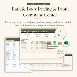 Bath and Body Pricing Calculator, Profit Spreadsheet for Bath Bomb Scrub Maker, Cost Per Batch Tracker, Excel Google Sheets Dashboard