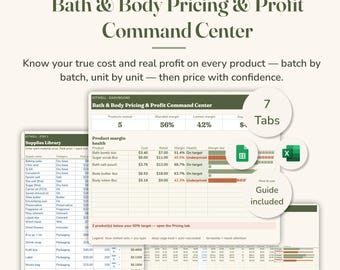 Preiskalkulator für Bade- und Körperpflegeprodukte, Gewinnübersicht für Hersteller von Badebomben und Peelings, Kostenverfolgung pro Charge, Excel- und Google-Sheets-Dashboard
