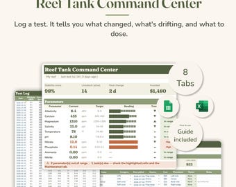 Kommandozentrale für Riffaquarien | Tabellenkalkulation zur Überwachung von Meerwasserparametern | Rechner für die Alkalinitätsdosierung, Korallenprotokoll, Excel- und Google-Tabellen