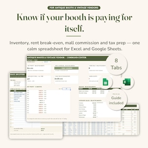 Antique Booth Tracker Spreadsheet, Vintage Vendor Inventory & Booth Rent Profit Dashboard, Antique Mall Seller Excel Google Sheets